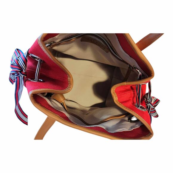 TALBOTS Red Canvas Abstract Scarf Print Design Top Handle Tote Bucket Bag EUC - Picture 13 of 15